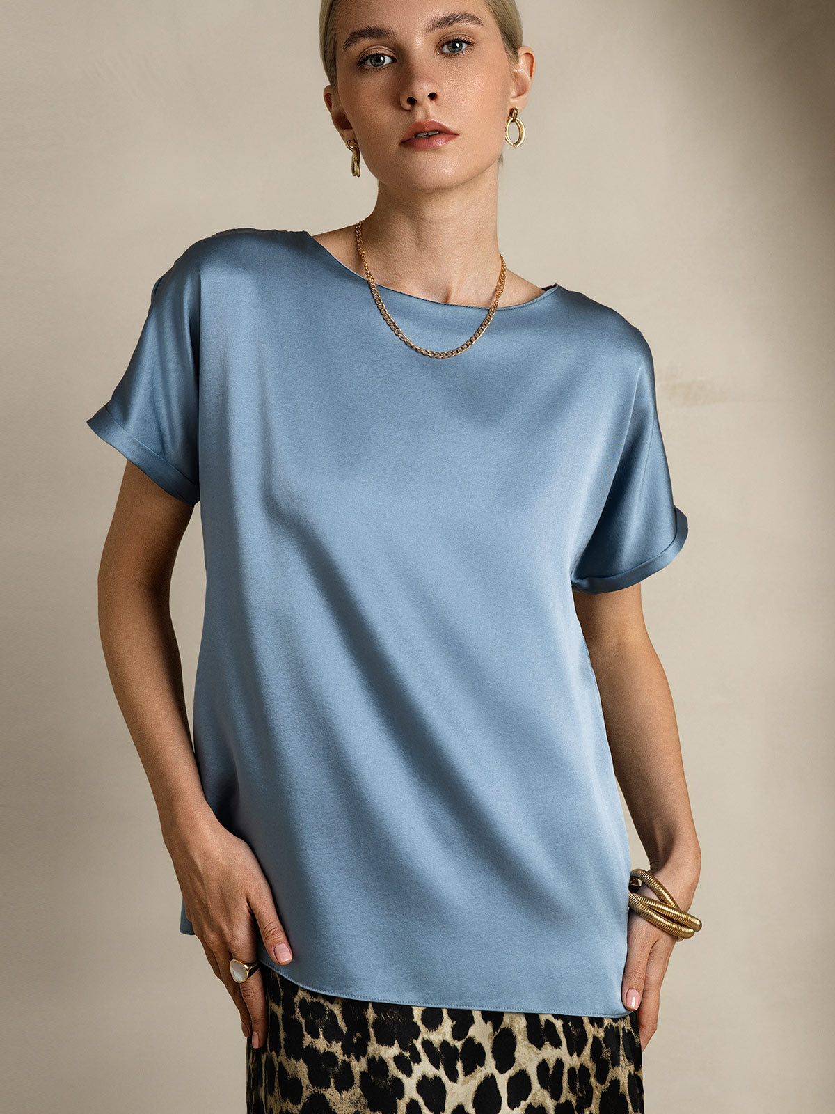 [Gråblå] SilkSilky-NO 19Momme Silke Womens T-Shirt 005