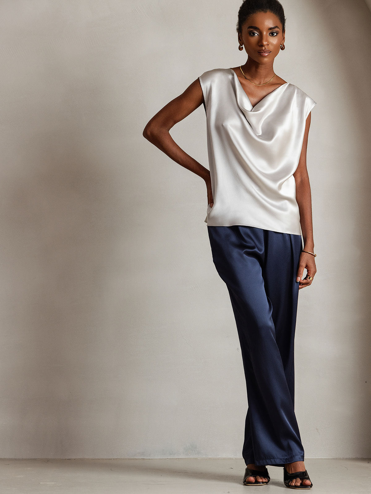 [Lysegrå] SilkSilky-NO 19Momme Silke Cowl Neck T-skjorte for Kvinner 003