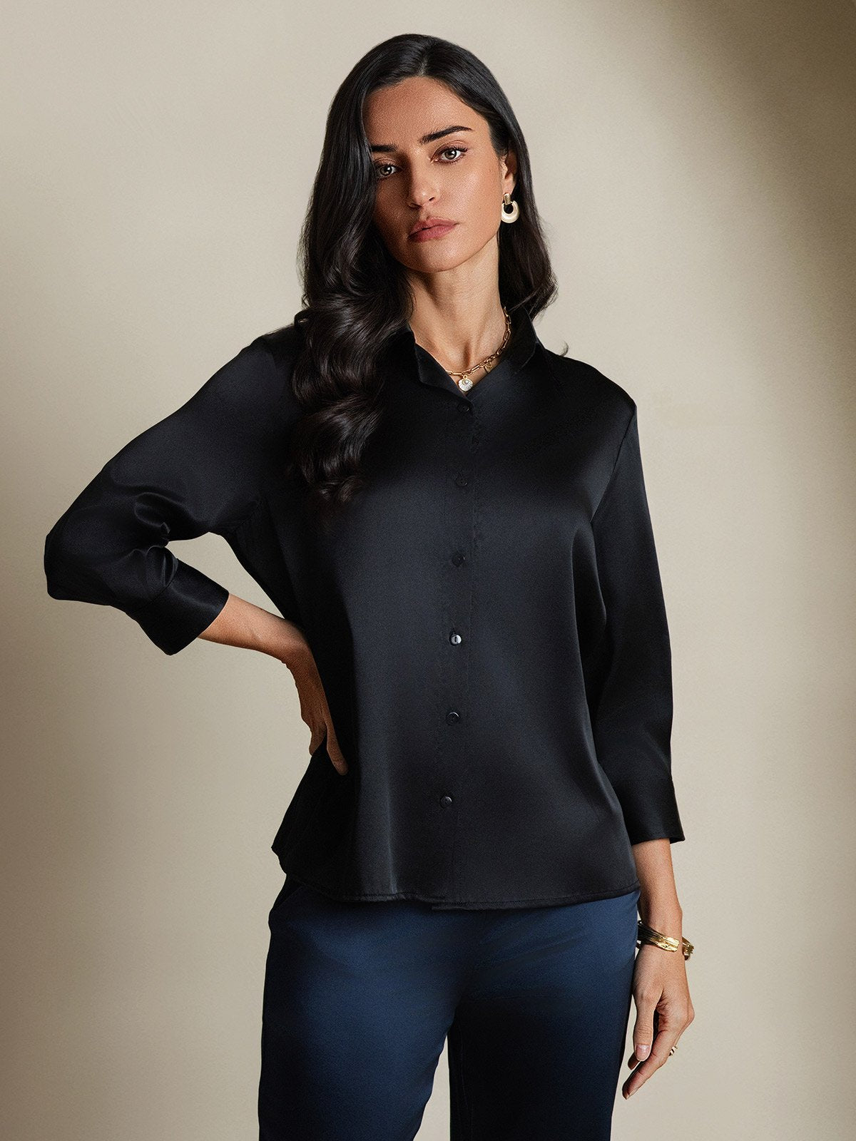 SilkSilky-NO 19Momme Silke Lapel Skjorte for Kvinner Svart 004