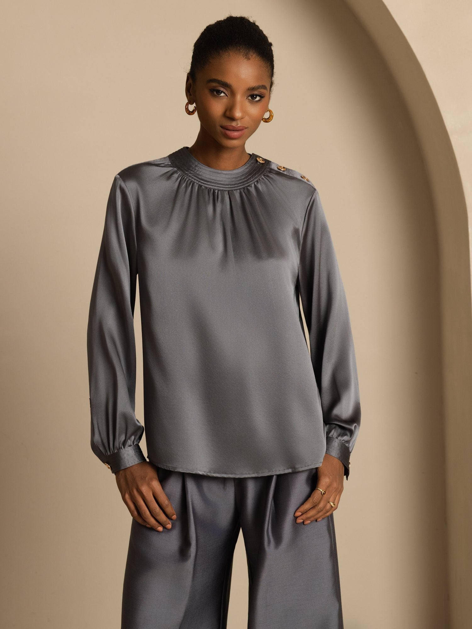 [Mørkegrå] SilkSilky-NO 19Momme Silke Langermet Rund Hals Bluse 001
