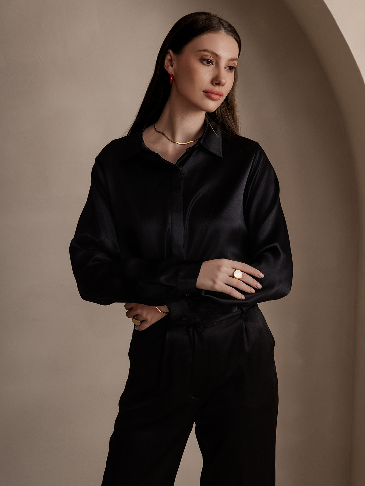 [Svart] SilkSilky-NO 19Momme Silke Lapel Collar Skjorte for Kvinner 003