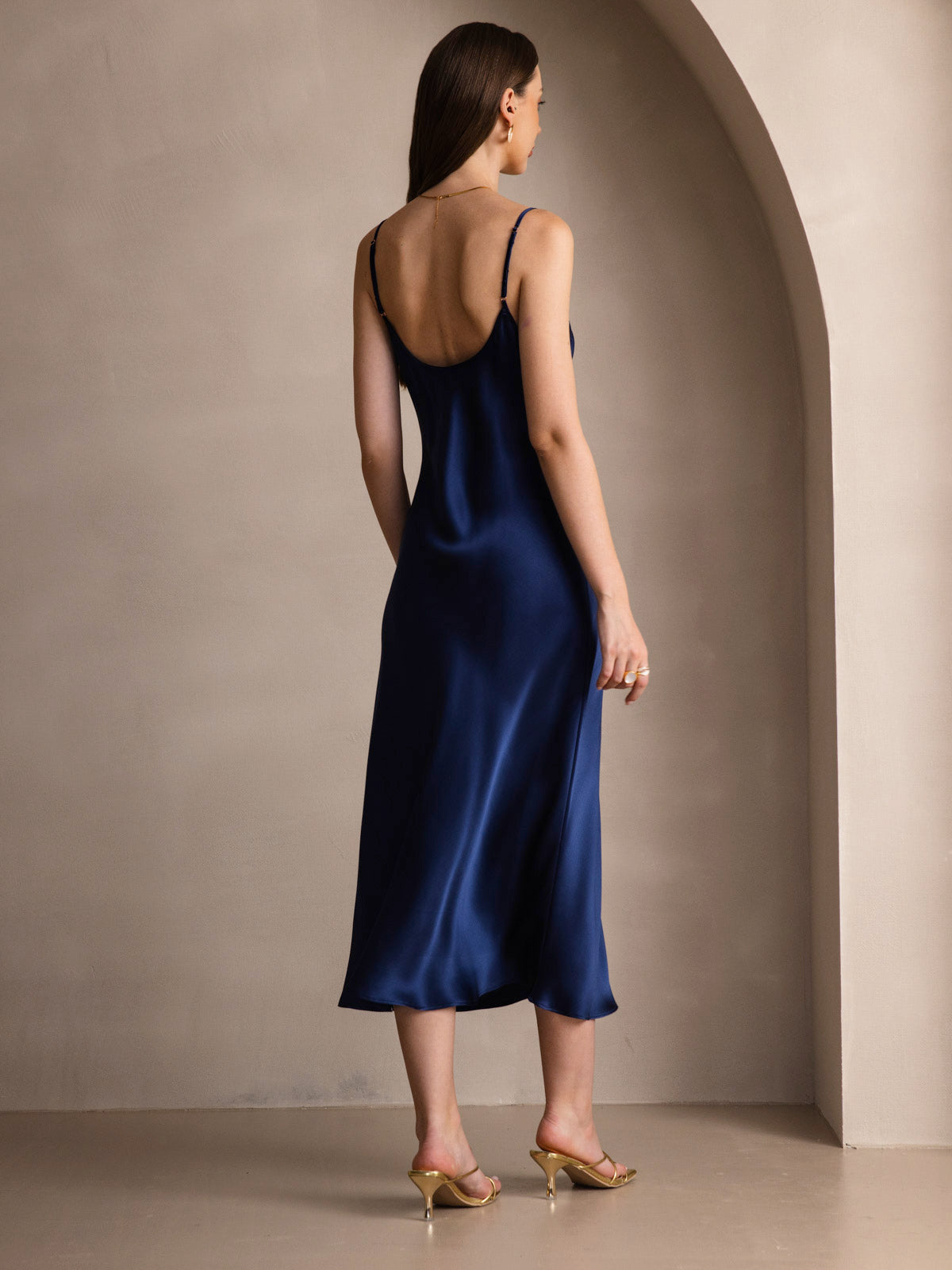 [Mørke blå] SilkSilky-NO Pure Silk Sleeveless Round Neck Kjole 002