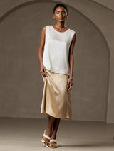 [Hvit] SilkSilky-NO Sleeveless Round Neck Camisole Topp 005