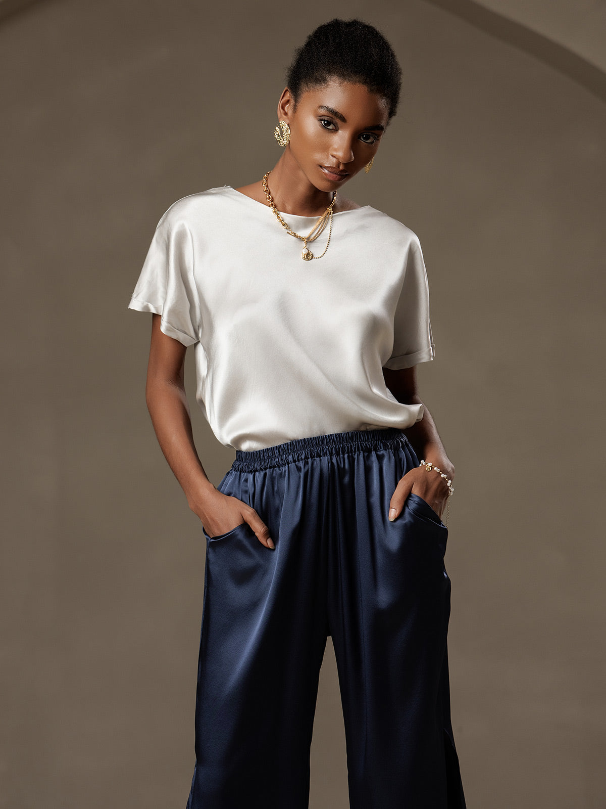 [Lysegrå] SilkSilky-NO 19Momme Silke Womens T-Shirt 003,