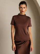 [Kaffe] SilkSilky-NO 100% Silk Jersey Short Sleeve Falsk Krage T-skjorte for Kvinner 003