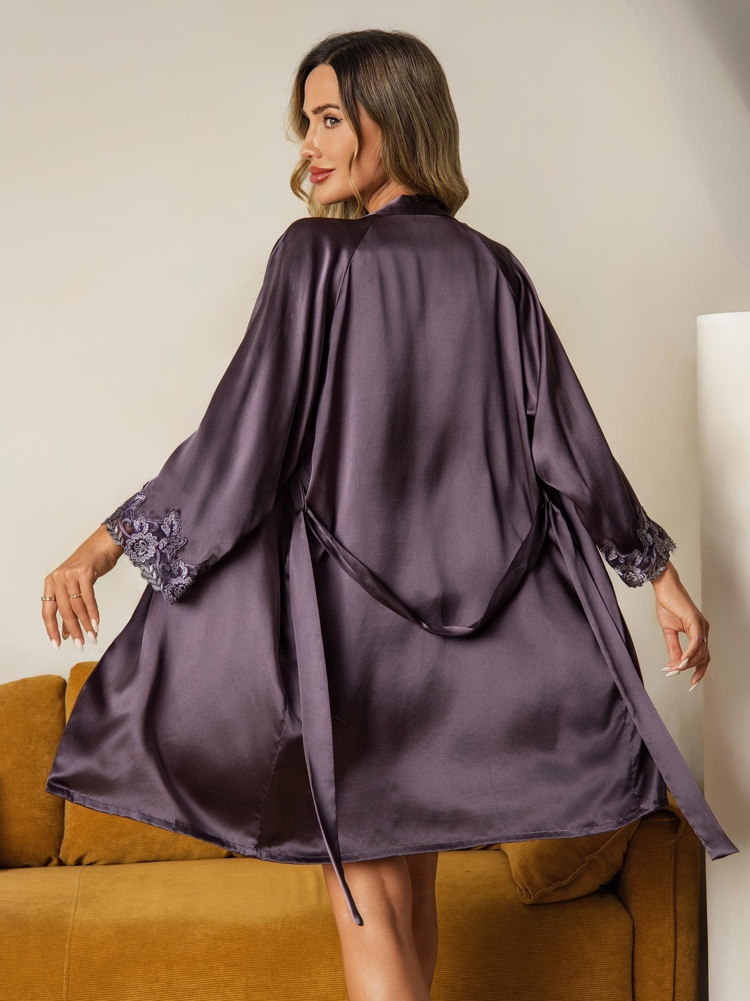 [Lilla Grå] SilkSilky-NO Silke Nightgown&Robe Set 003