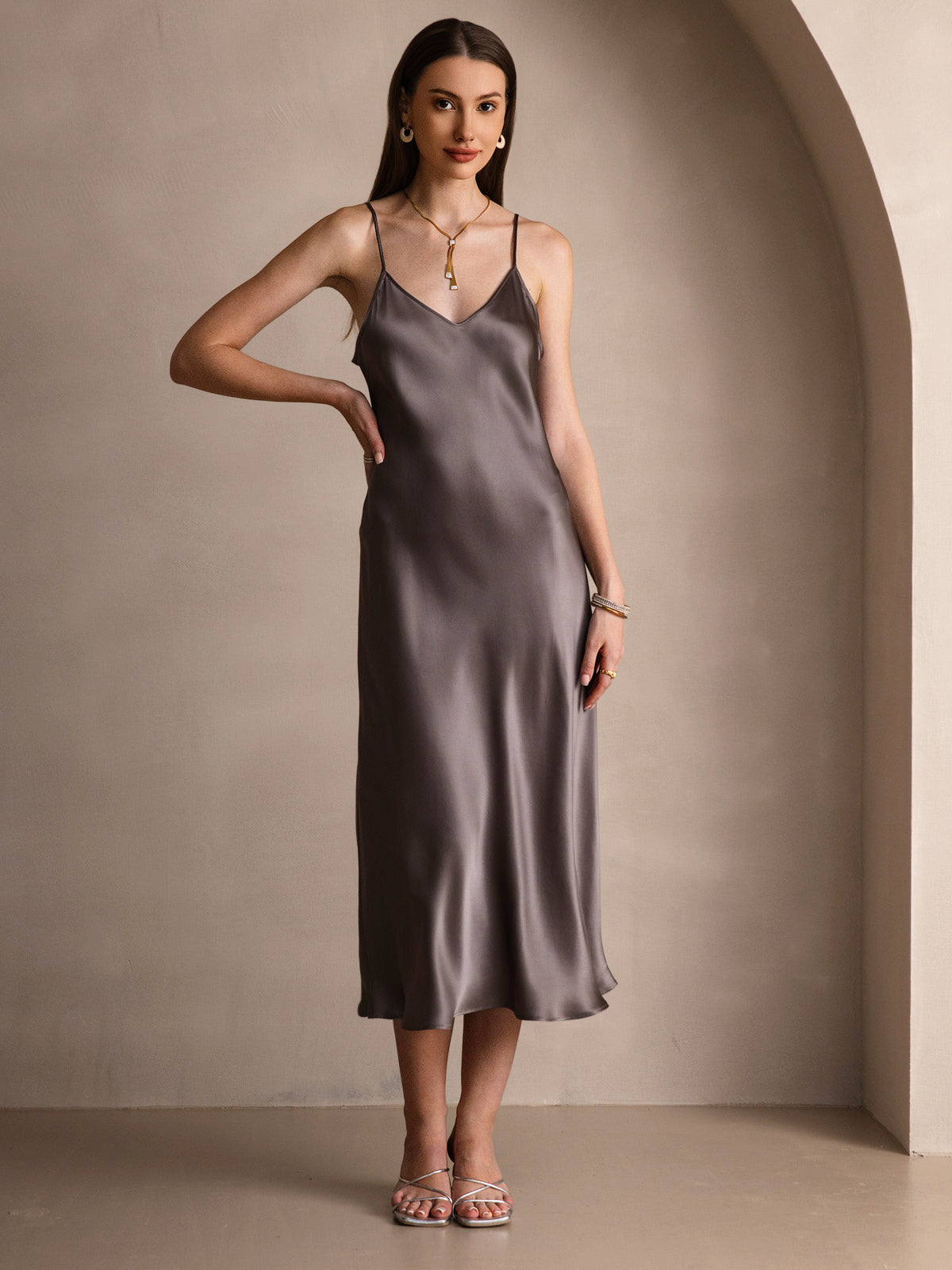 [Mørk Kaki] SilkSilky-NO Pure Silk Sleeveless Round Neck Kjole 003