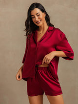 [Vin] SilkSilky-NO 19Momme Halv erme Notchkrage Pyjamas for Kvinner 007