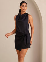[Svart] SilkSilky-NO Sleeveless Cowl Neck Kjole 004