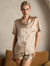 [Champagne] SilkSilky-NO Short Sleeve Lapel Collar Pyjamas for Kvinner 003