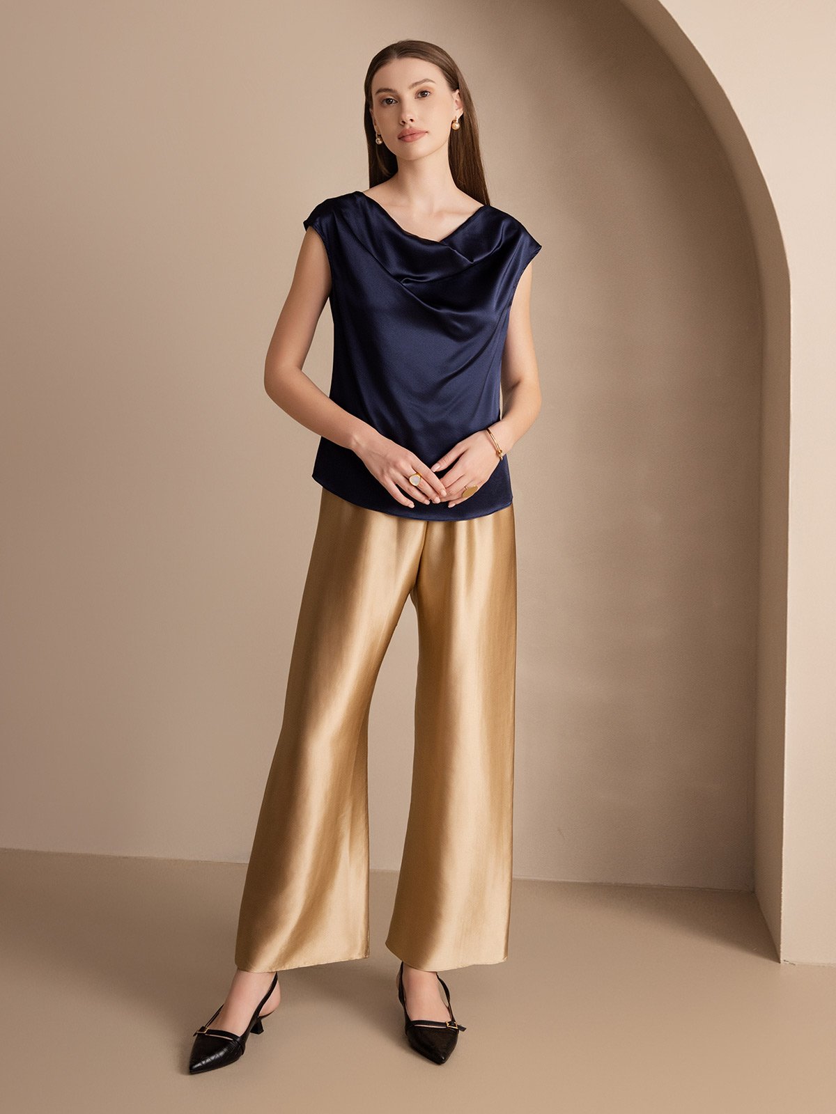 [Mørke blå] SilkSilky-NO 19Momme Silke Cowl Neck T-skjorte for Kvinner 005
