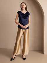 [Mørke blå] SilkSilky-NO Cap Sleeve Cowl Neck T-skjorte for Kvinner 005
