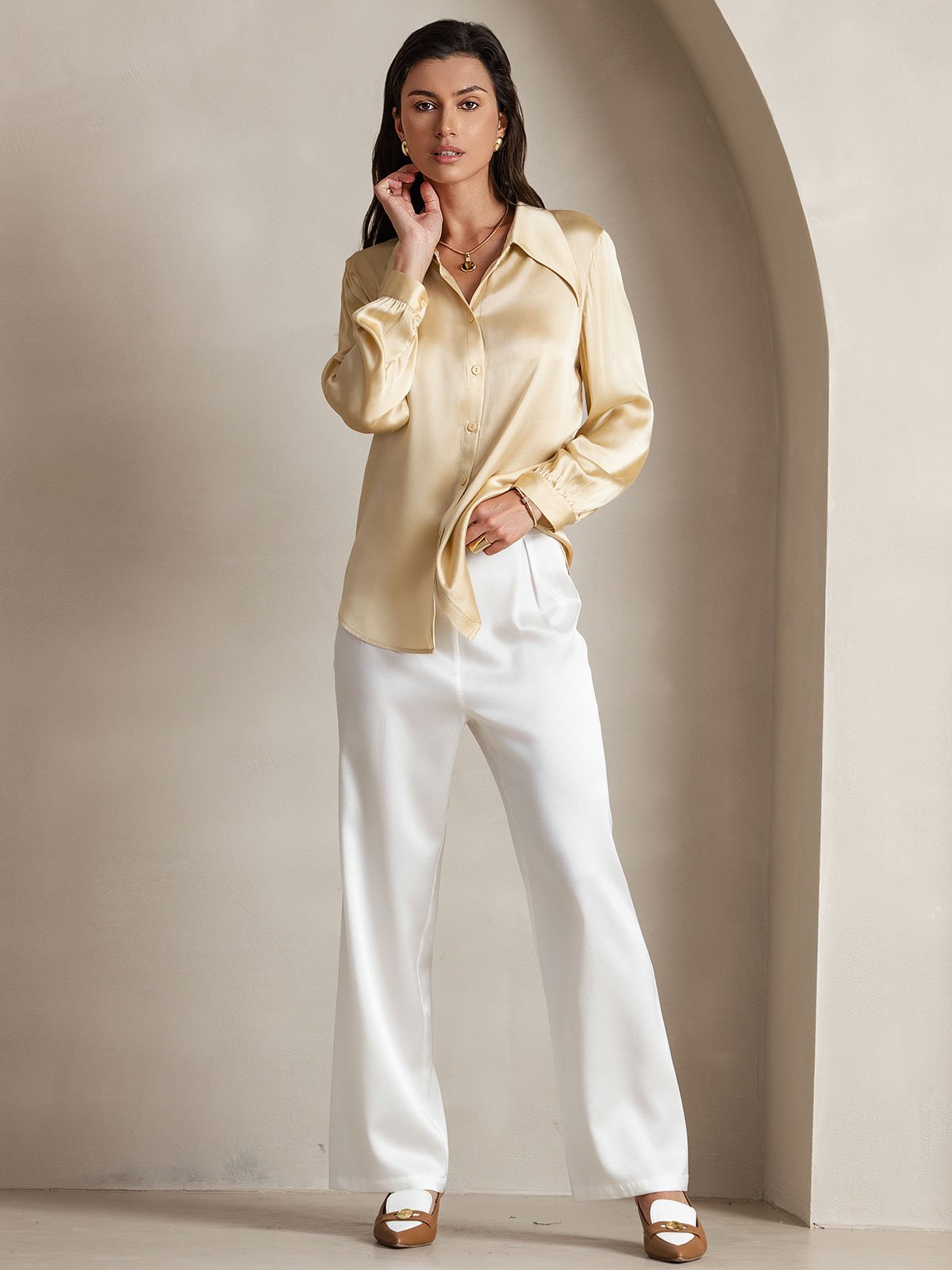 [Hvit] SilkSilky-NO 19Momme Silke Womens Pants 006