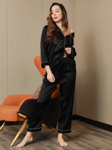 [Svart] SilkSilky-NO Long Sleeve Lapel Collar Pyjamas for Kvinner 006