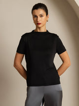 [Svart] SilkSilky-NO 100% Silk Jersey Short Sleeve Falsk Krage T-skjorte for Kvinner 005