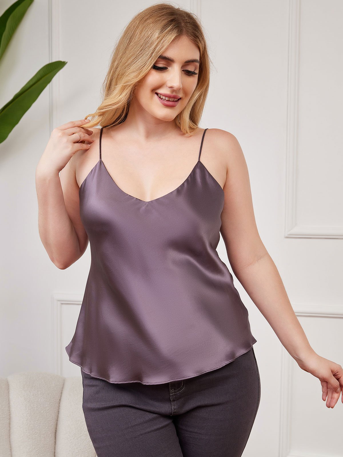 [Lilla Grå] SilkSilky-NO Pure Silk V-Hals Plus Size Camisole Top 001