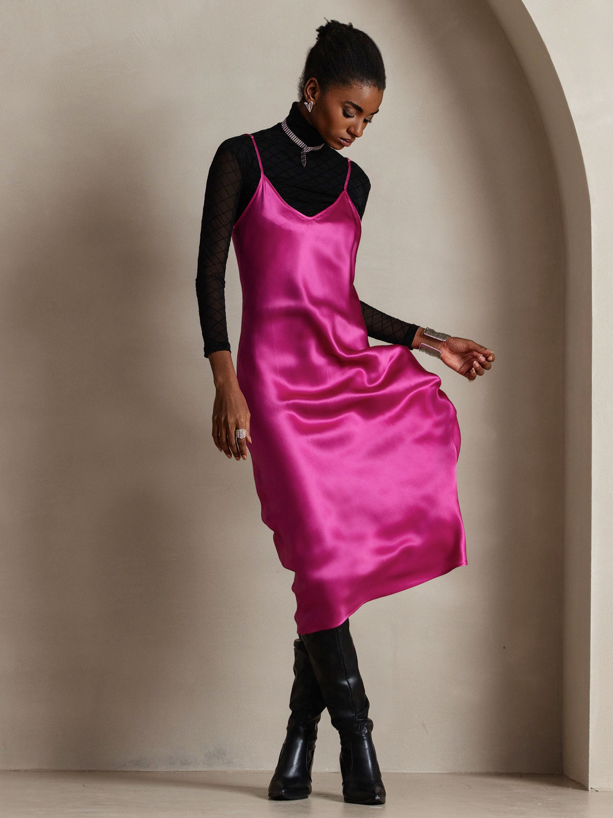 [Rosenrød] SilkSilky-NO Pure Silk Sleeveless Round Neck Kjole 004