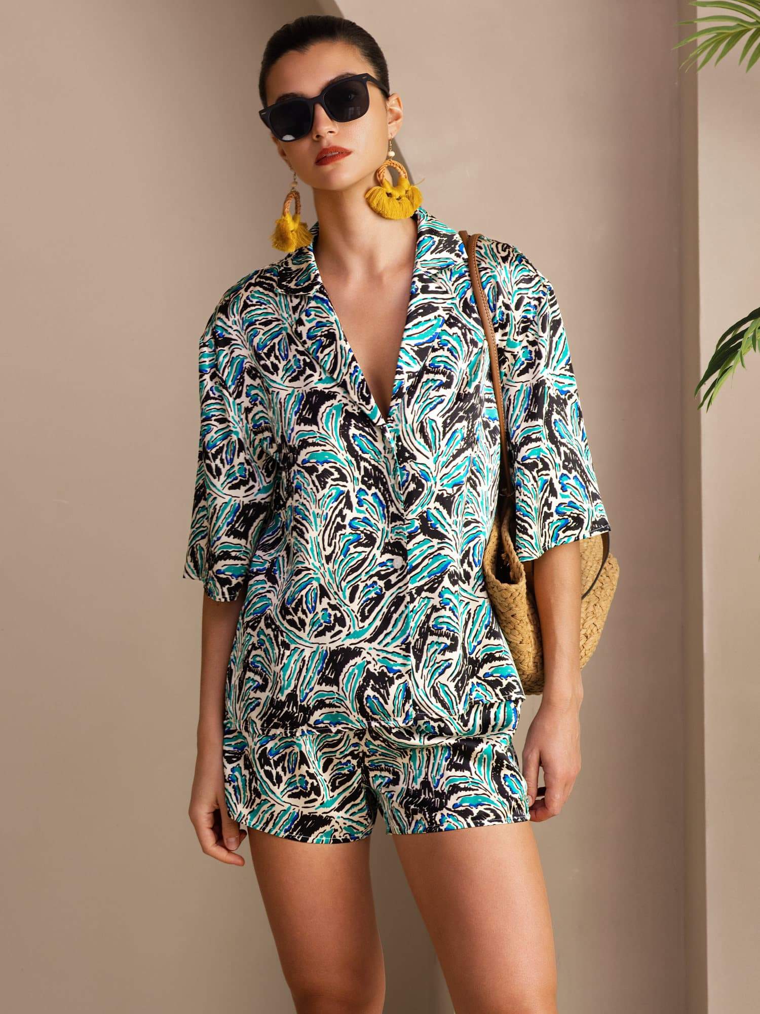 [Teal Botanisk] SilkSilky-NO Short Sleeve Notch Collar Pyjamas for Kvinner 001