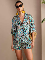 [Teal Botanisk] SilkSilky-NO Short Sleeve Notch Collar Pyjamas for Kvinner 001