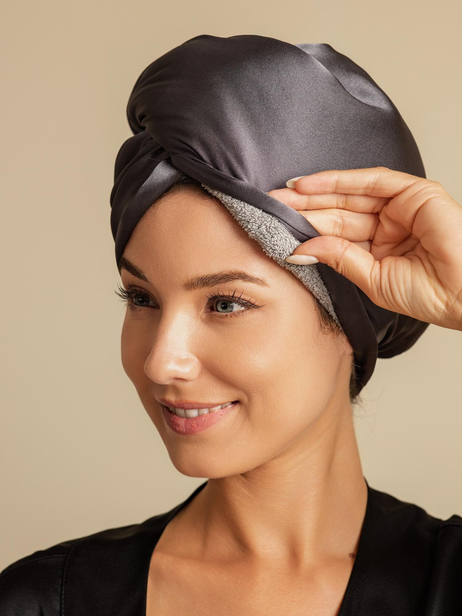[Mørkegrå] SilkSilky-NO Silke Hair Towel Wrap 001,