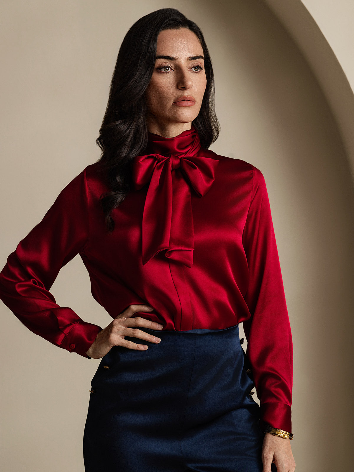 [Vin] SilkSilky-NO 19Momme Silke Long Sleeve Tie Neck Skjorte for Kvinner 003