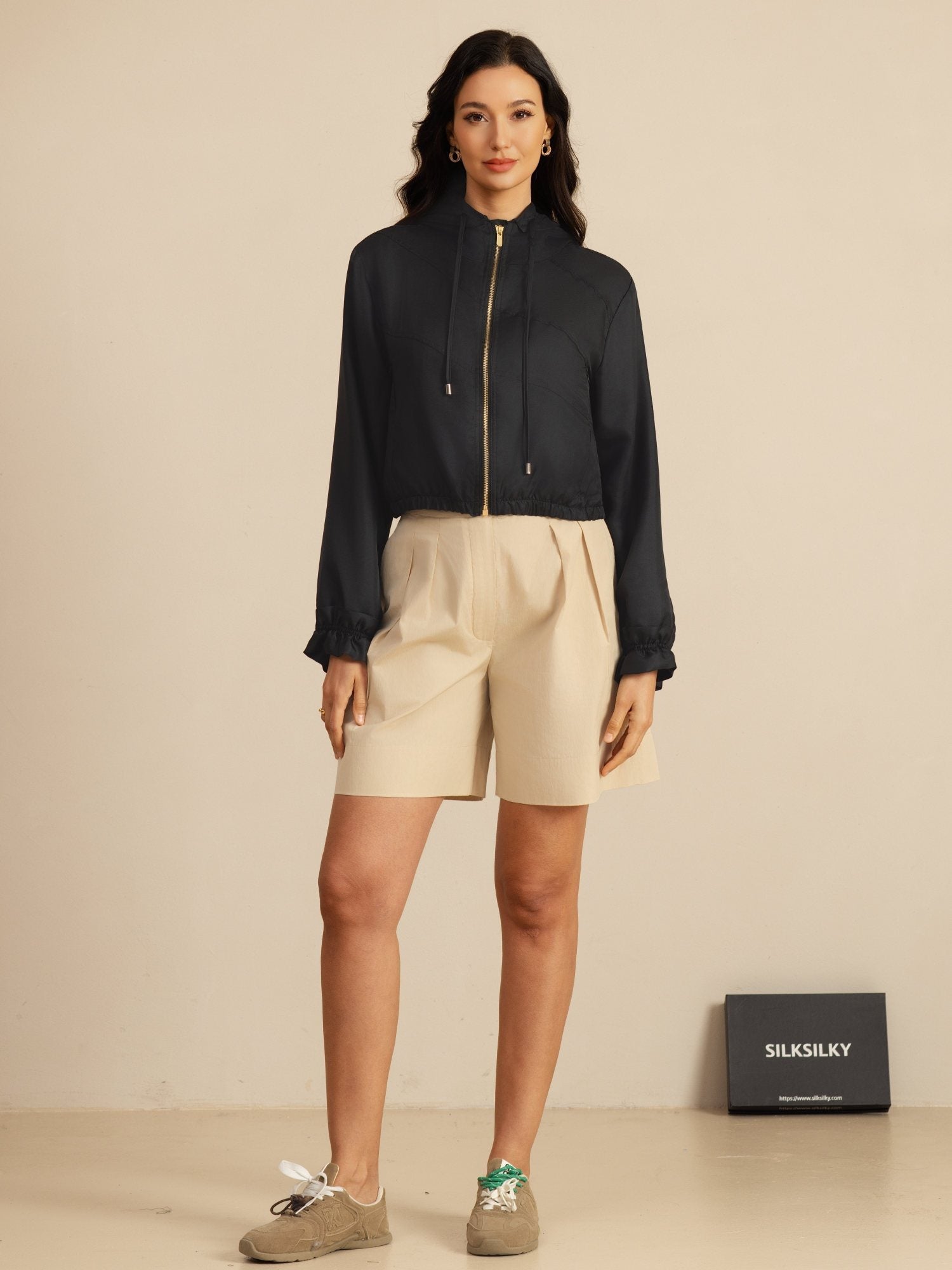 [Svart] SilkSilky-NO 18Momme Langermet Høy Hals Yttertøy for Kvinner 007