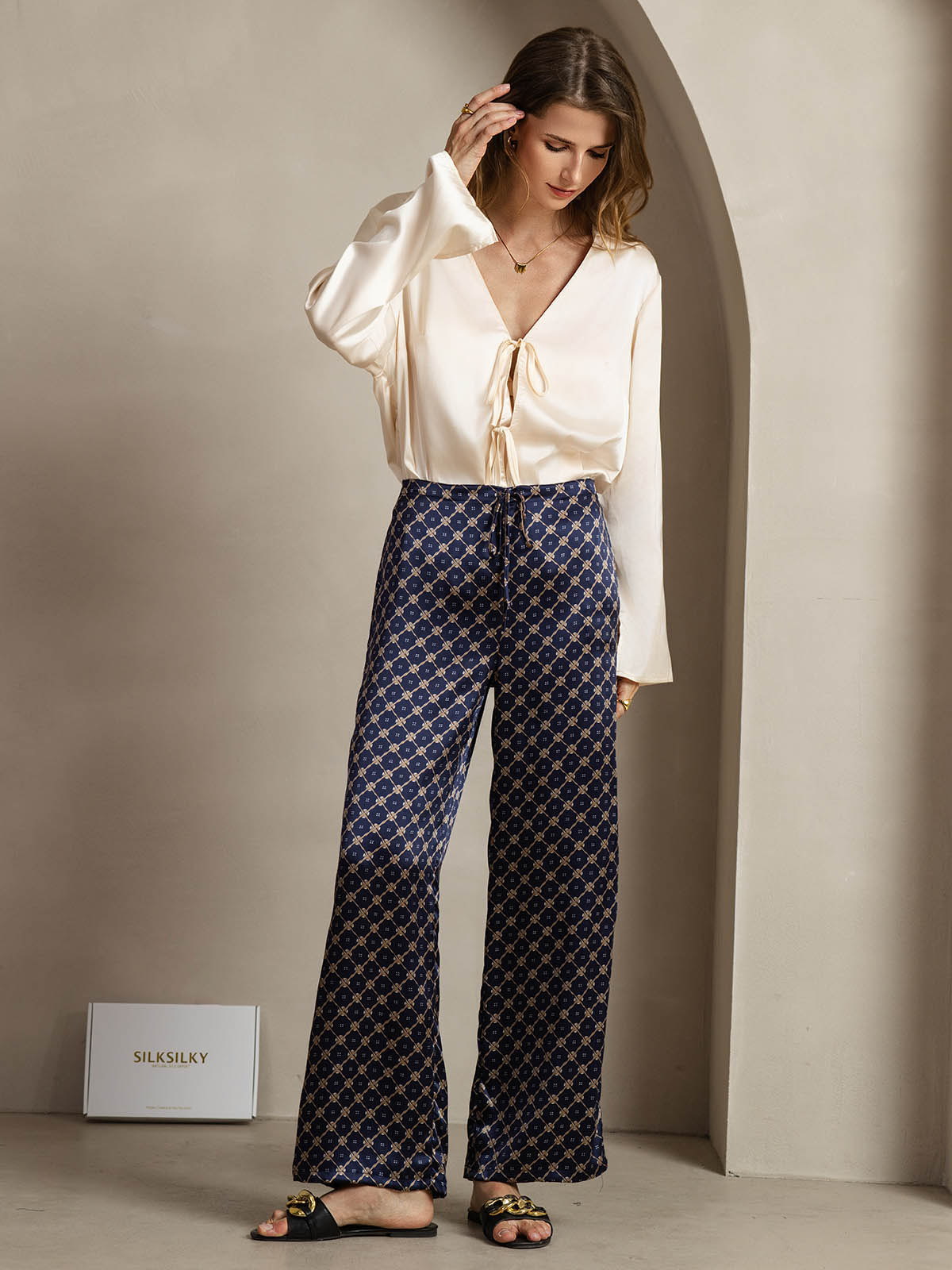 [Marine Kjede] SilkSilky-NO 19Momme Silke Womens Pants 003