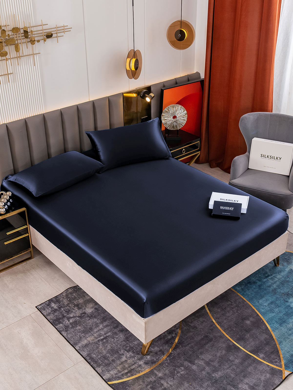 [Mørke blå] SilkSilky-NO 19Momme Bedding Set 001