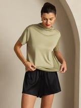 [Tørket Urte] SilkSilky-NO 100% Silk Jersey Short Sleeve Falsk Krage T-skjorte for Kvinner 007