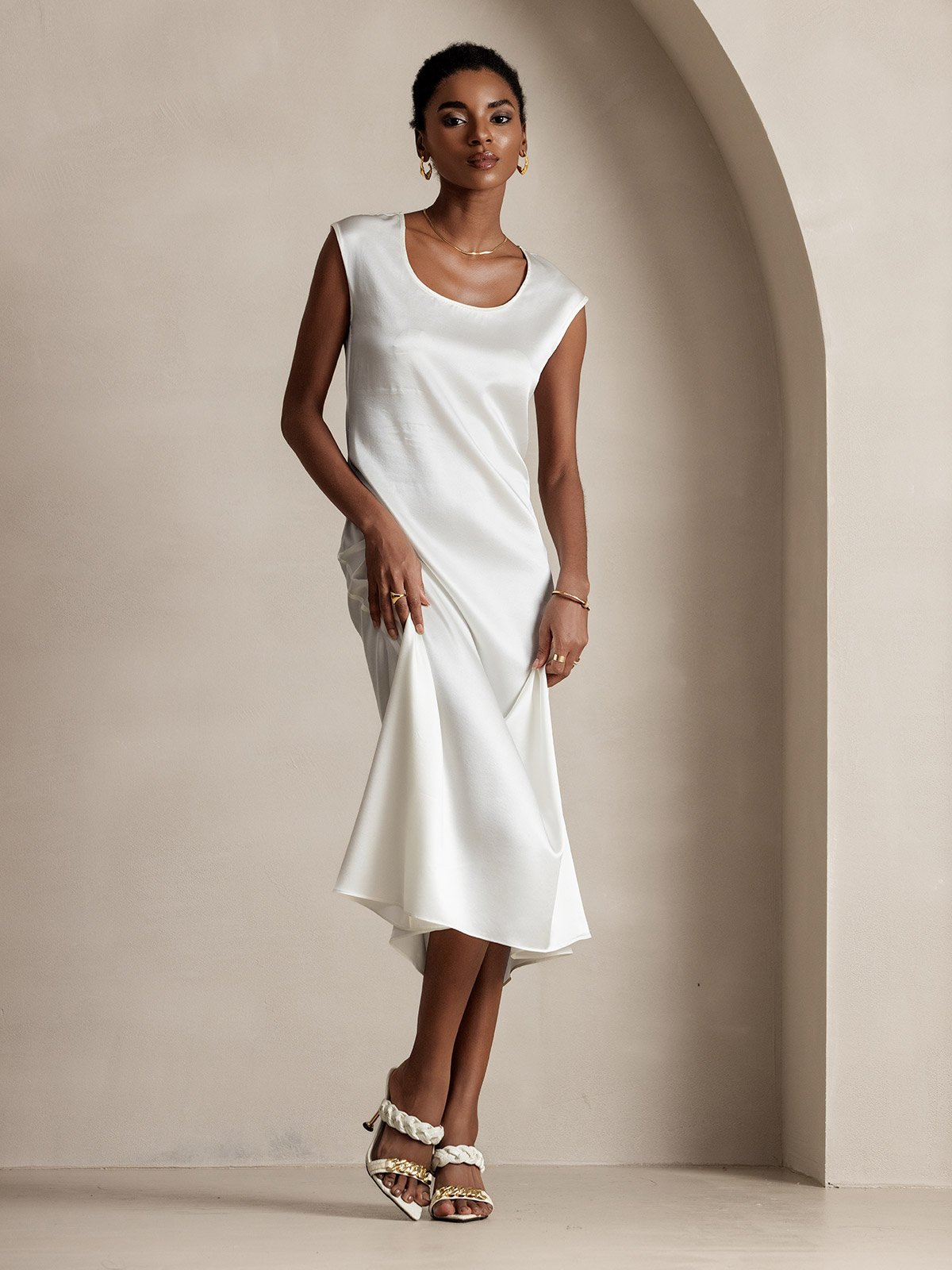 [Hvit] SilkSilky-NO 19Momme Silke Dress 001