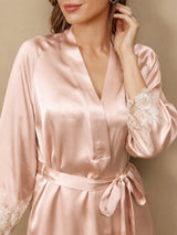 [Rosa] SilkSilky-NO 3/4 Sleeve V Neck Nattkjole og Morgenkåpesett 009