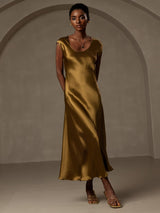 [Brun] SilkSilky-NO Cap Sleeve Scoop Neck Kjole 007