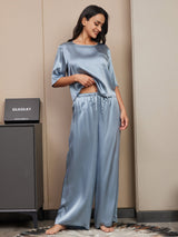 [Gråblå] SilkSilky-NO Halv erme Round Neck Pyjamas for Kvinner 004