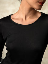 [Svart] SilkSilky-NO Long Sleeve Round Neck Dame Langt Undertøy 005