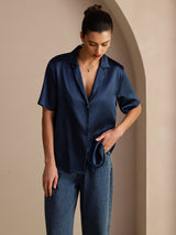 [Mørke blå] SilkSilky-NO Short Sleeve Lapel Collar Skjorte for Kvinner 005