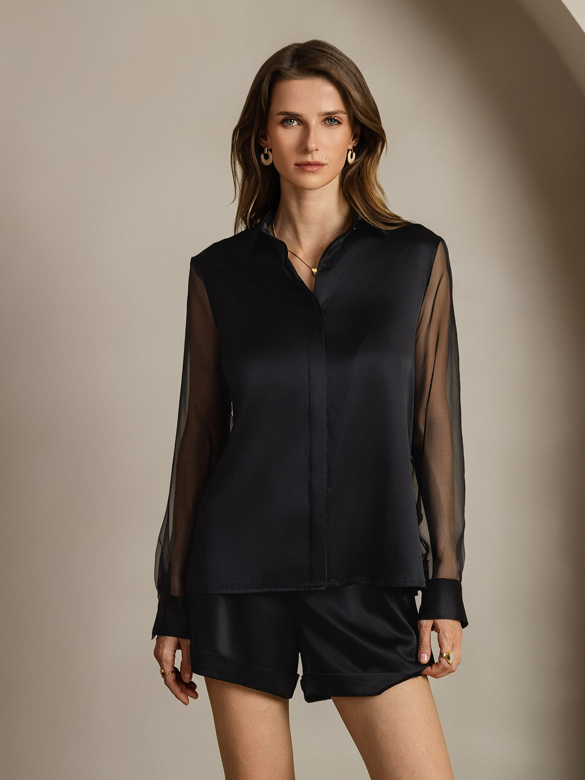 [Svart] SilkSilky-NO 19Momme Silke Lapel Collar Skjorte for Kvinner 001