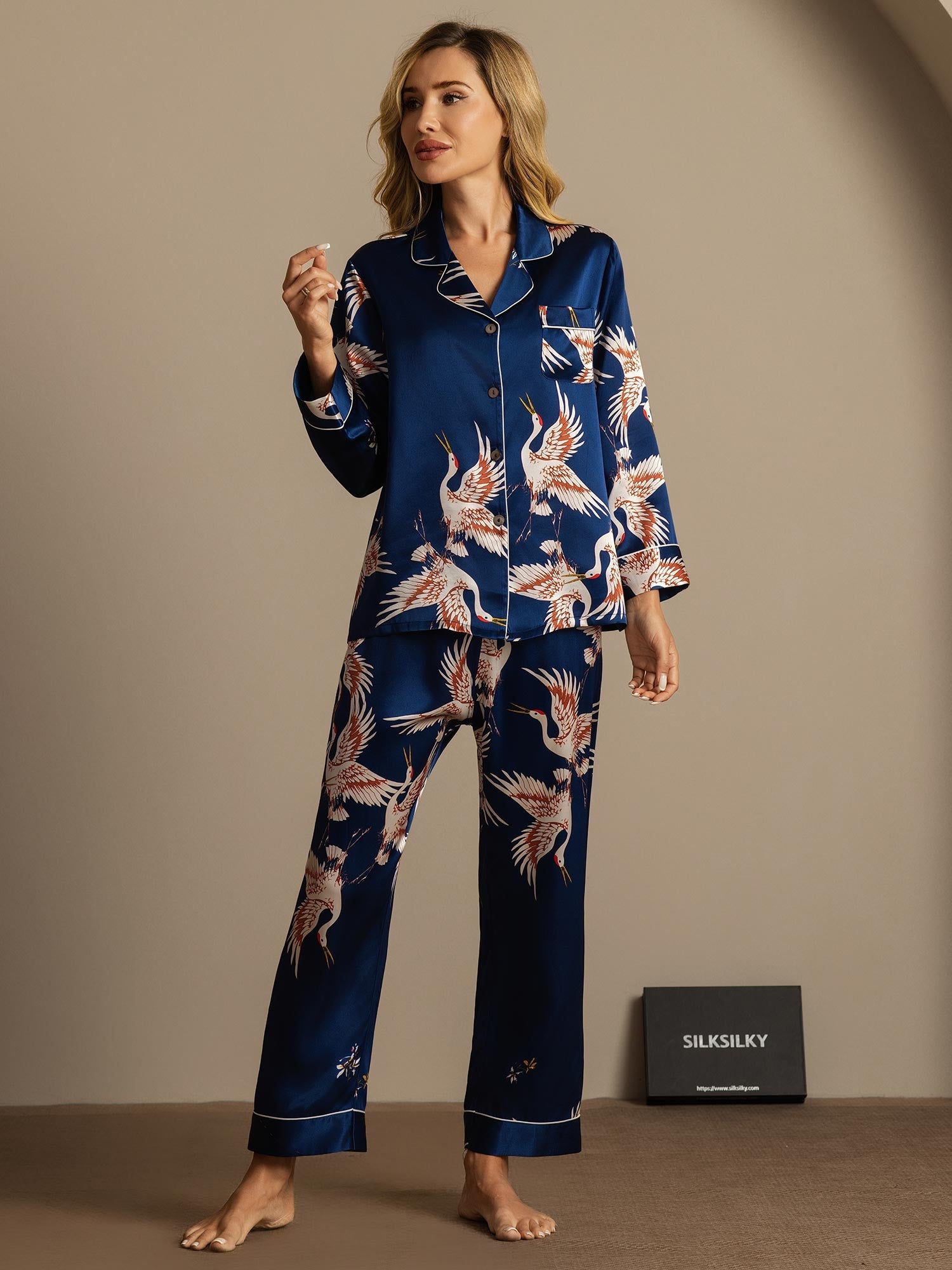 [Mørke blå] SilkSilky-NO 19Momme Womens Pajamas 003,