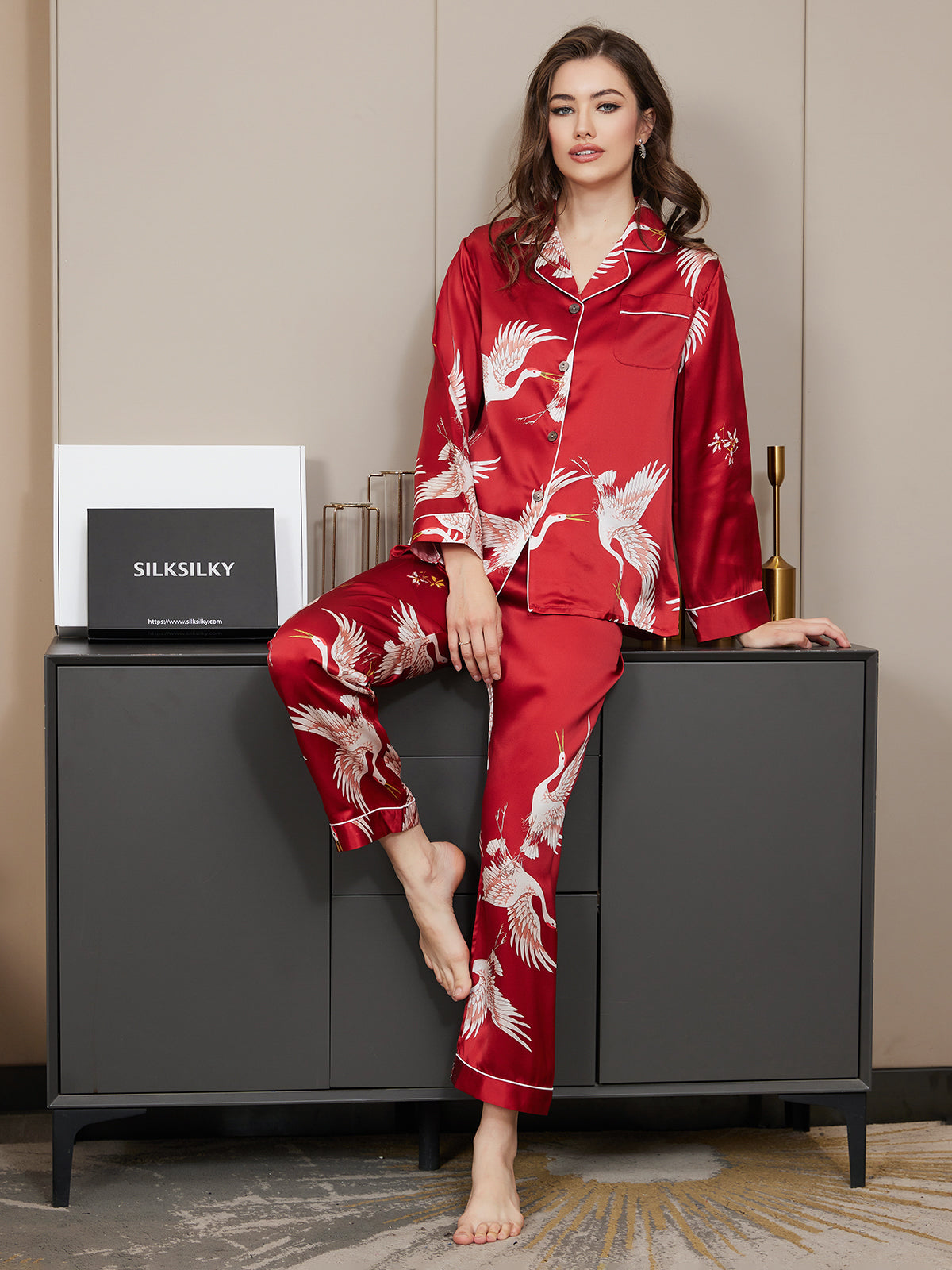 [Mørkerød] SilkSilky-NO 19Momme Womens Pajamas 001,