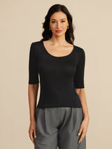 [Svart] SilkSilky-NO Halv erme Scoop Neck T-skjorte for Kvinner 003