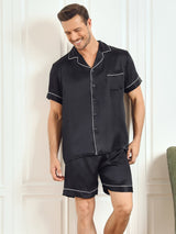 [Svart] SilkSilky-NO Short Sleeve Lapel Collar Pyjamas for menn 001