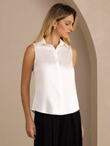 [Hvit] SilkSilky-NO Sleeveless Lapel Collar Skjorte for Kvinner 001
