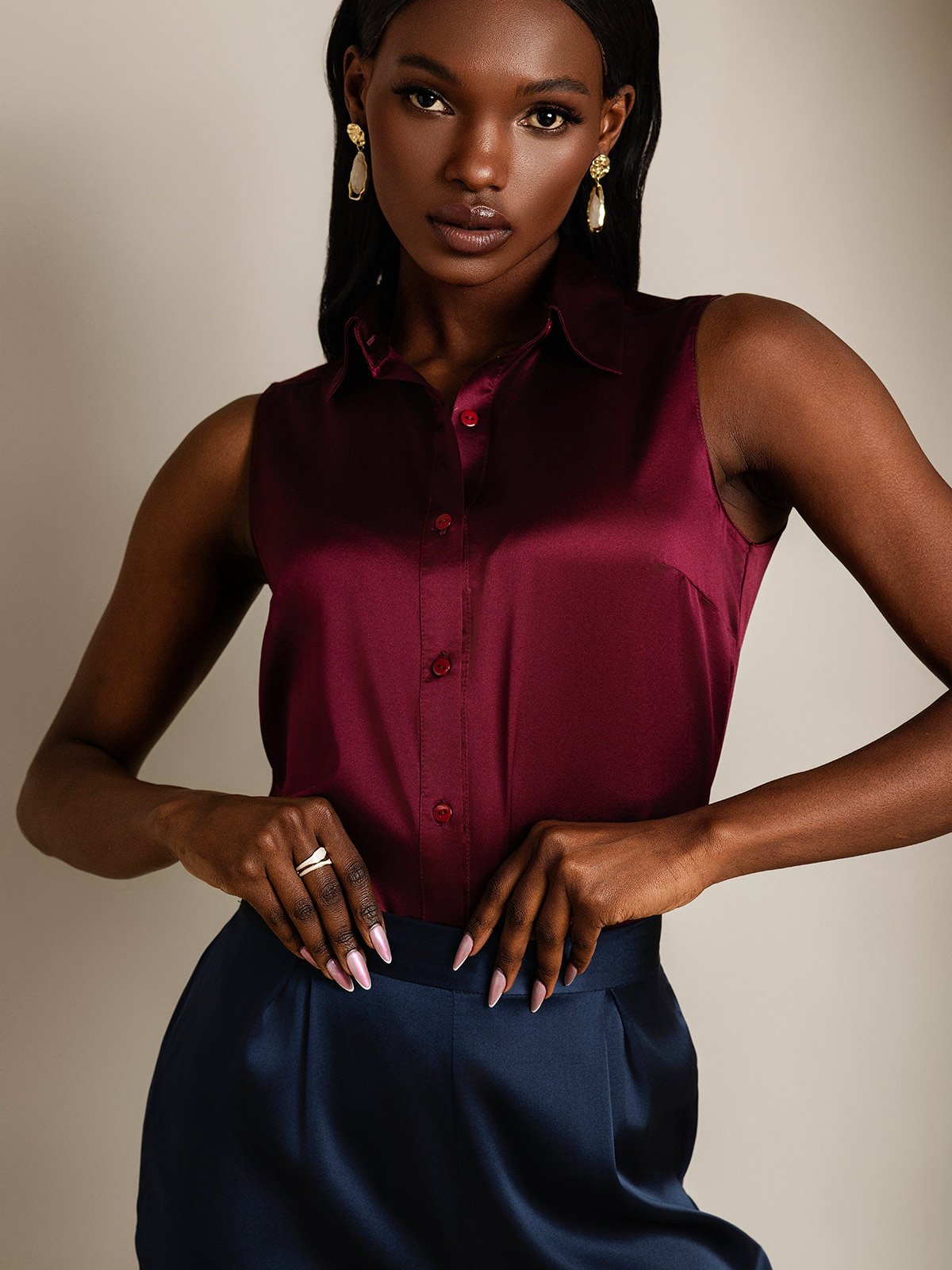 SilkSilky-NO 19Momme Silke Womens Shirt Mørkerød 003