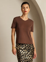 [Kaffe] SilkSilky-NO Short Sleeve V Neck T-skjorte for Kvinner 001