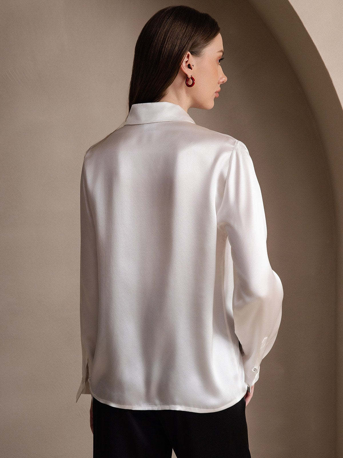 [Hvit] SilkSilky-NO 19Momme Silke Lapel Collar Skjorte for Kvinner 002