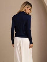 [Mørke blå] SilkSilky-NO Long Sleeve Wrap Damebluser 002