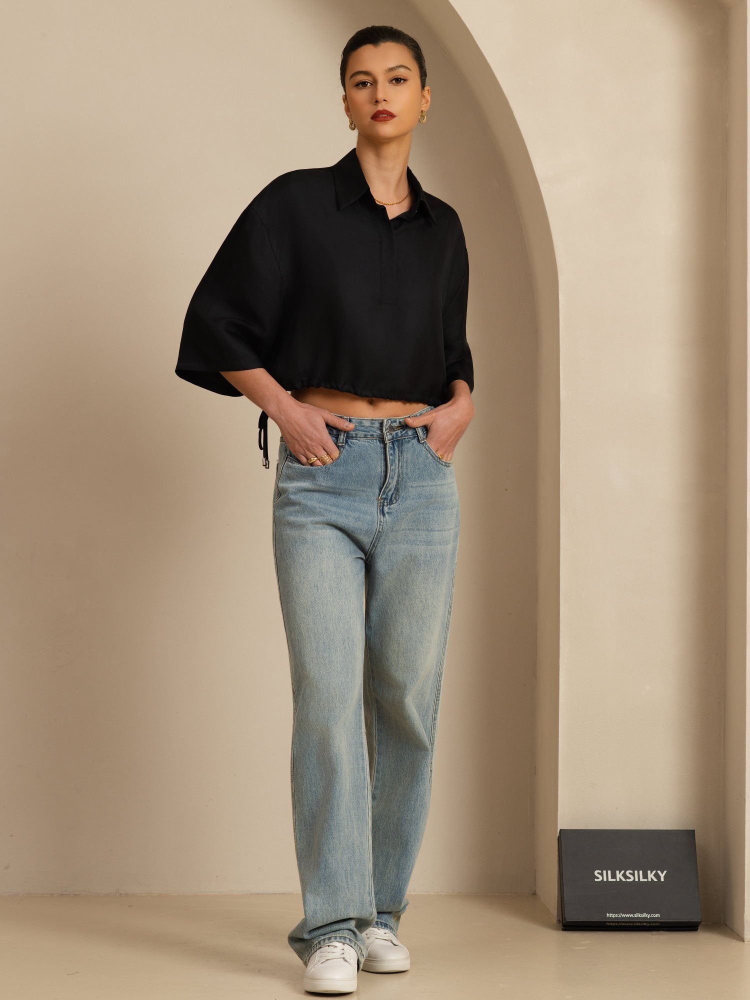 [Svart] SilkSilky-NO 18Momme Halv erme Slagkrage Bluse 007