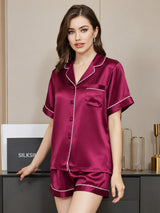 [Fuchsia] SilkSilky-NO Short Sleeve Lapel Collar Pyjamas for Kvinner 001