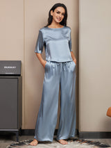 [Gråblå] SilkSilky-NO Halv erme Round Neck Pyjamas for Kvinner 006