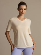 [Beige] SilkSilky-NO Kort erm V Hals T-skjorte for Kvinner 001