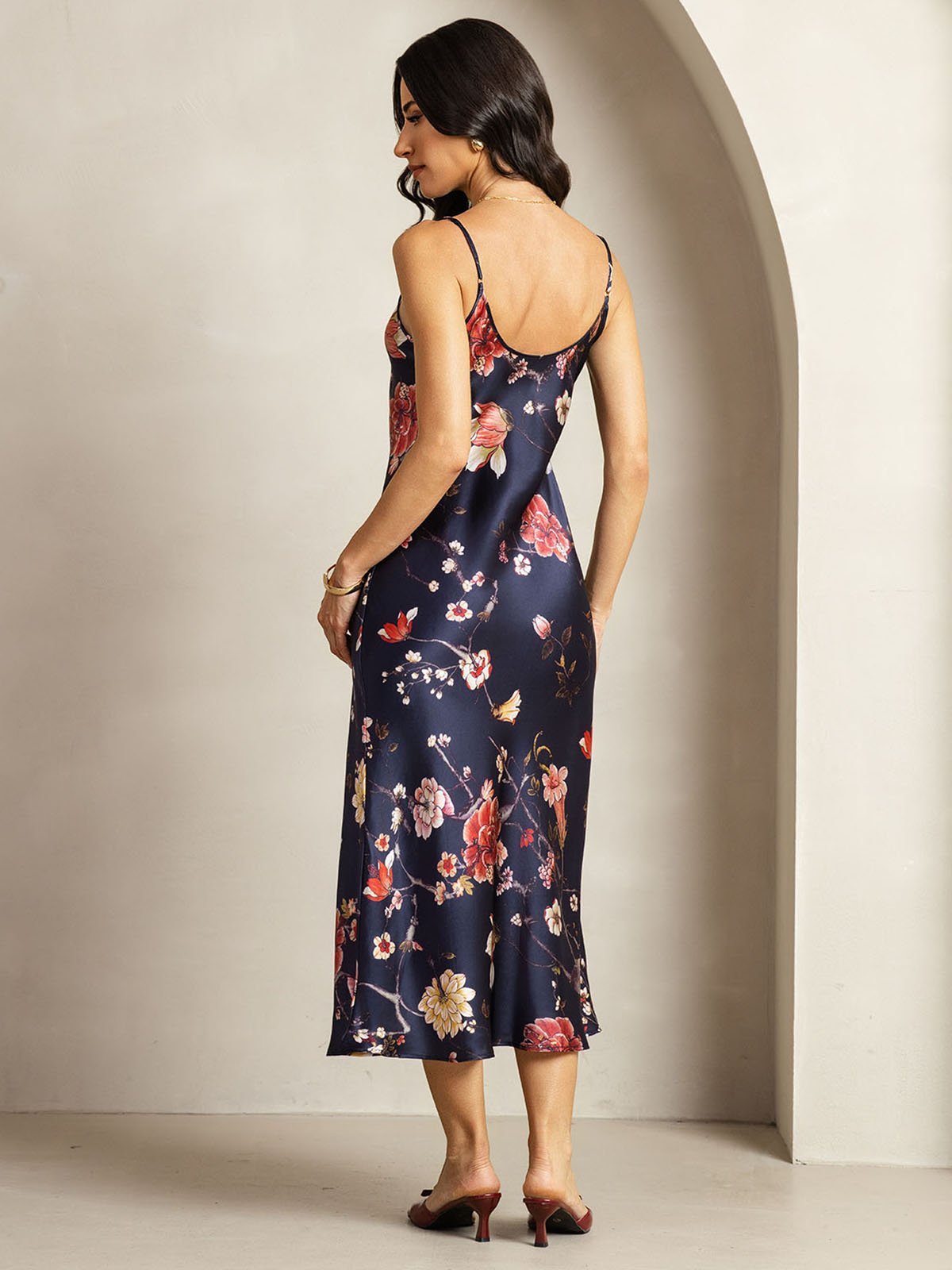 [MarineBlomster] SilkSilky-NO 19Momme Silke V-Hals Kjole 002